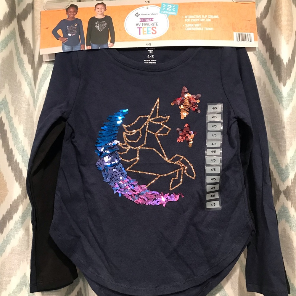 Brand New Members Mark Pair of Girls Long Sleeve Shirts Unicorn Heart Blue Bk 45